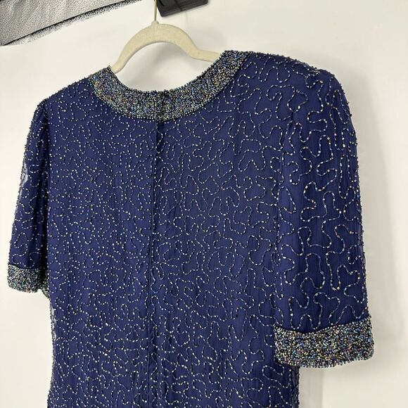 Vintage Laurence Kazar Silk All Over Beaded Mini Dress Size L Navy Cocktail - Picture 12 of 13